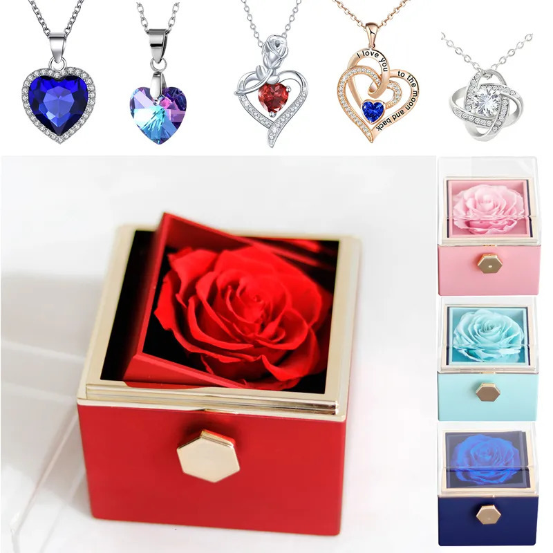 Jewelry Boxes Gifts for Girlfriend Rotating Eternal Rose Gift Box Necklace Set Preserved Flower Jewelry Box For Valentine Christmas Birthday 231219