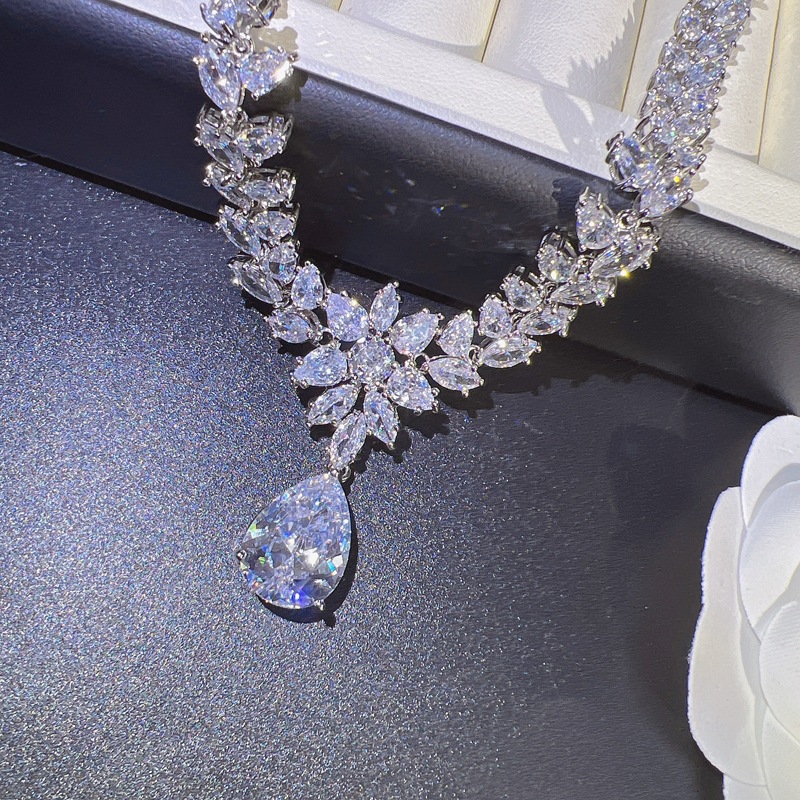 Water Drop Lab Diamond Jewelry set 14K White Gold Engagement Wedding Earrings Necklace For Women Bridal Promise Gift