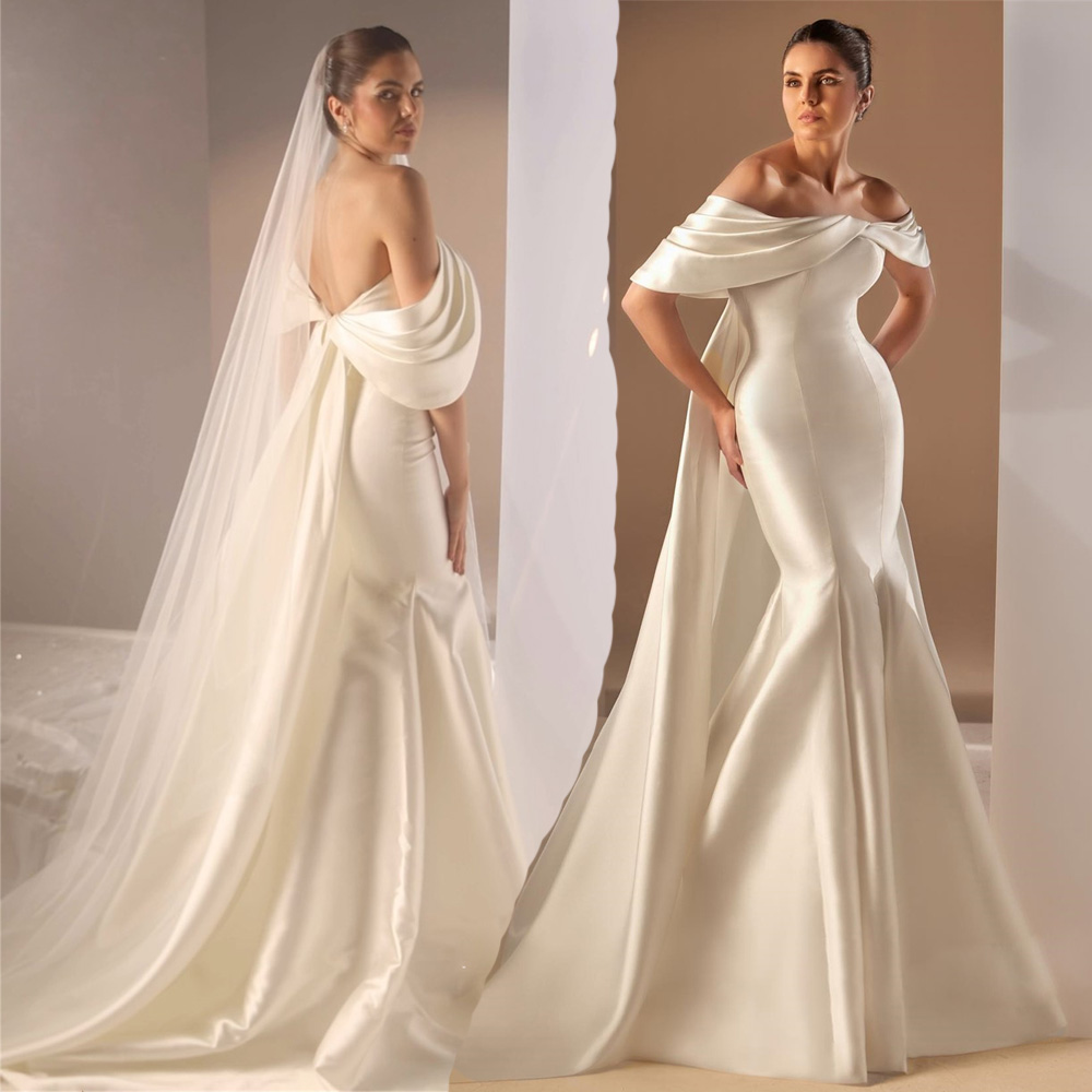 Backs Mermaid Cowl Wedding Dresses Off The Shoulder Satin Bridal Gown Custom Made Sweep Train Robe De Mariee