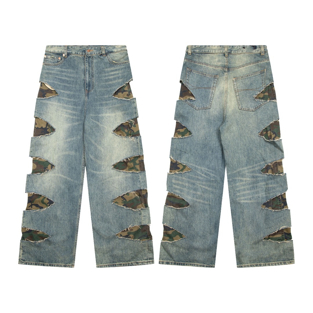 Original Bale Pants Loose Fit Casual Pants Straight Loose Jeans Men's Trousers Cut Hole Camouflage Double Layered Women Loose Wide Leg Jeans