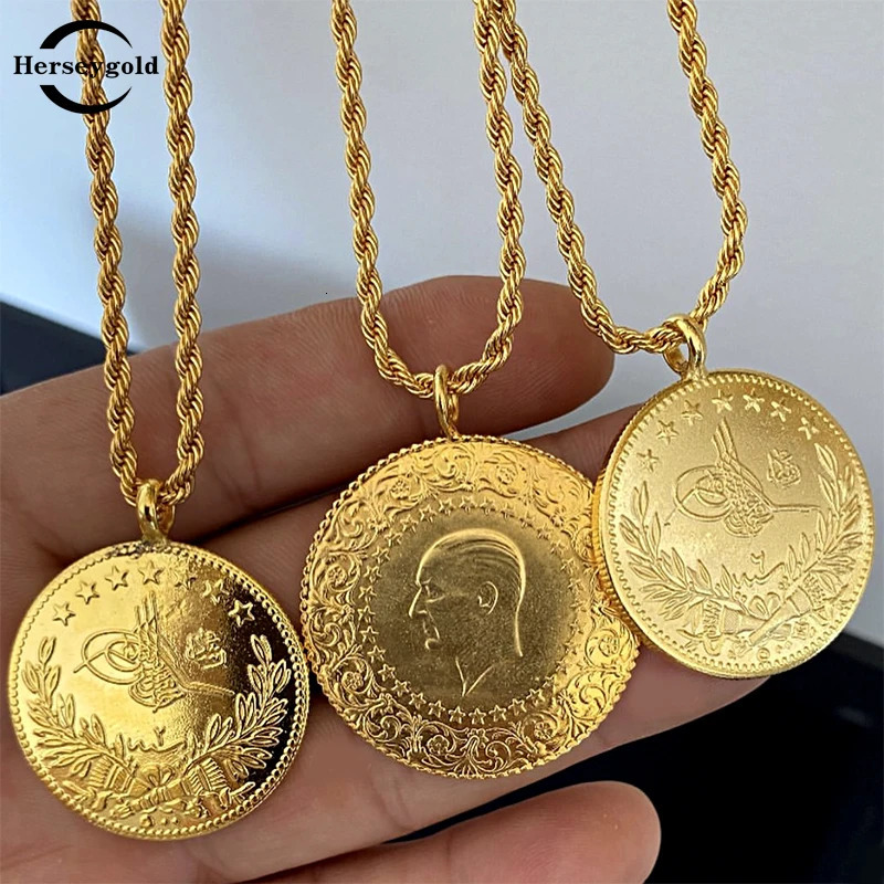 Pendant Necklaces Turkish Coin Gold Color Arabic Totem Necklace Pendants Copper Bridal Gifts Muslim Ethnic Wedding Jewelry Bijoux Women 231219