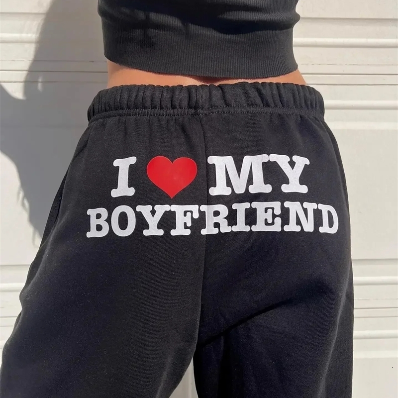 Women s Pants s I Love My Boyfriend Printed Sweatpants Y2k High Elastic Waist Drawstring Baggy Trousers Vintage Casual Loose Straight 231219