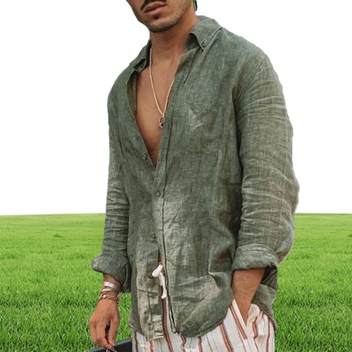 Summer Thin Loose Cotton Linen Shirt blusa Green Beige Long Sleeve Hawaiian Men039s 3XL 2XL Tops6892921