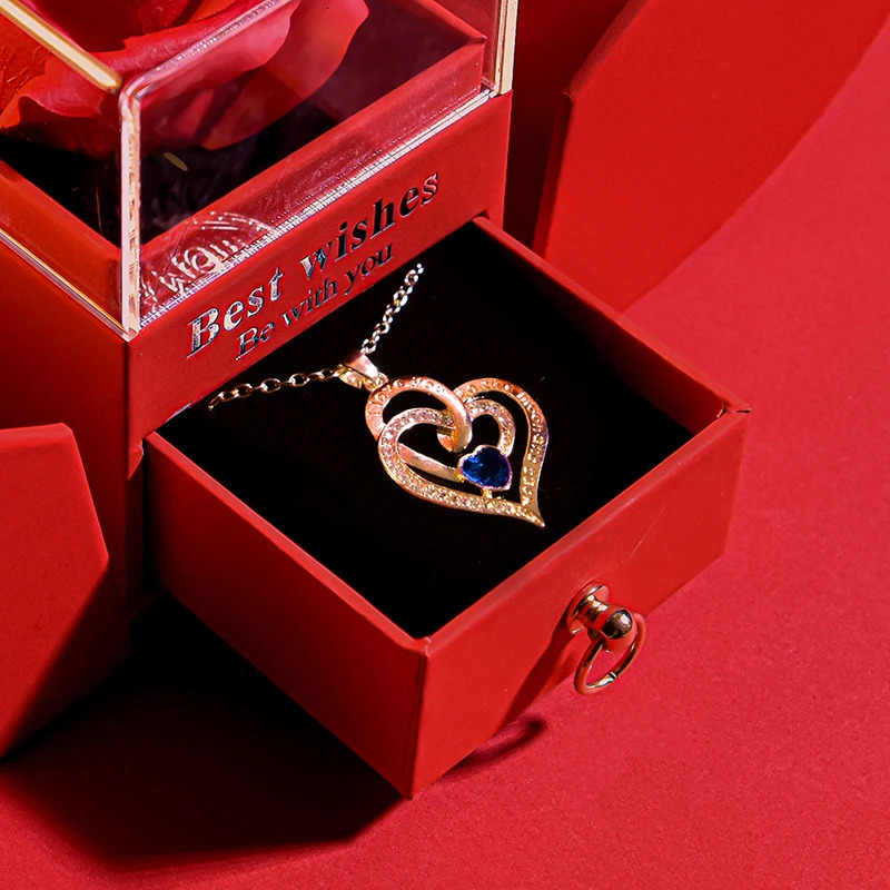 Jewelry Boxes Gift for Women Eternal Rose Gift Box /w Heart Necklace I Love You To The Moon and Back Flower Jewelry Box for Wedding Birthday 231219