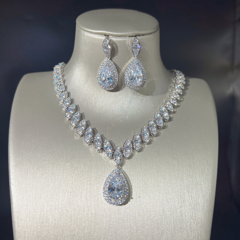 Water Drop Lab Diamond Jewelry set 14K White Gold Engagement Wedding Earrings Necklace For Women Bridal Promise Gift