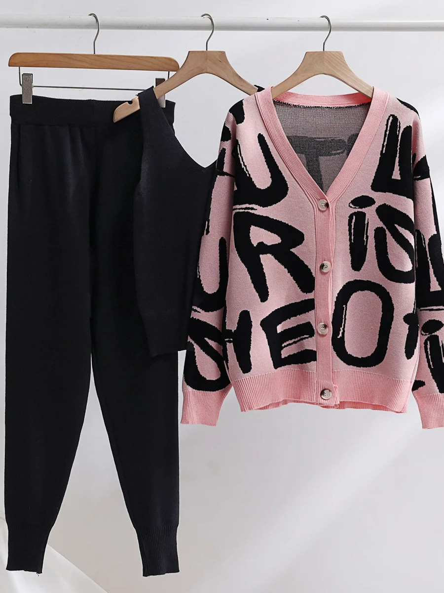 Women's Warm Tracksuit with Print Knitted Trousers Suit Button Up Oversize Cardigan Thick Two Piece Pants Set for Women Jumpsuit 231220