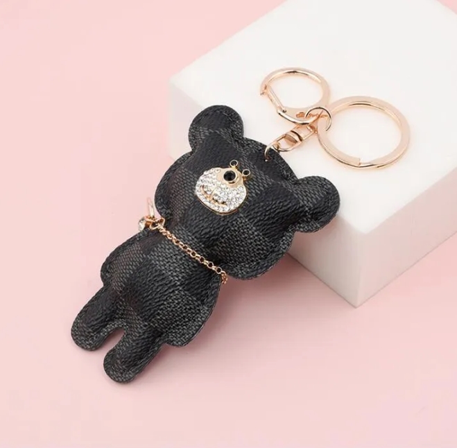 10 pieces Cute Bear Keychains Rhinestone PU Leather Flower Key Ring Car Key chain Jewelry Bag Charm Animal Keyring Holder