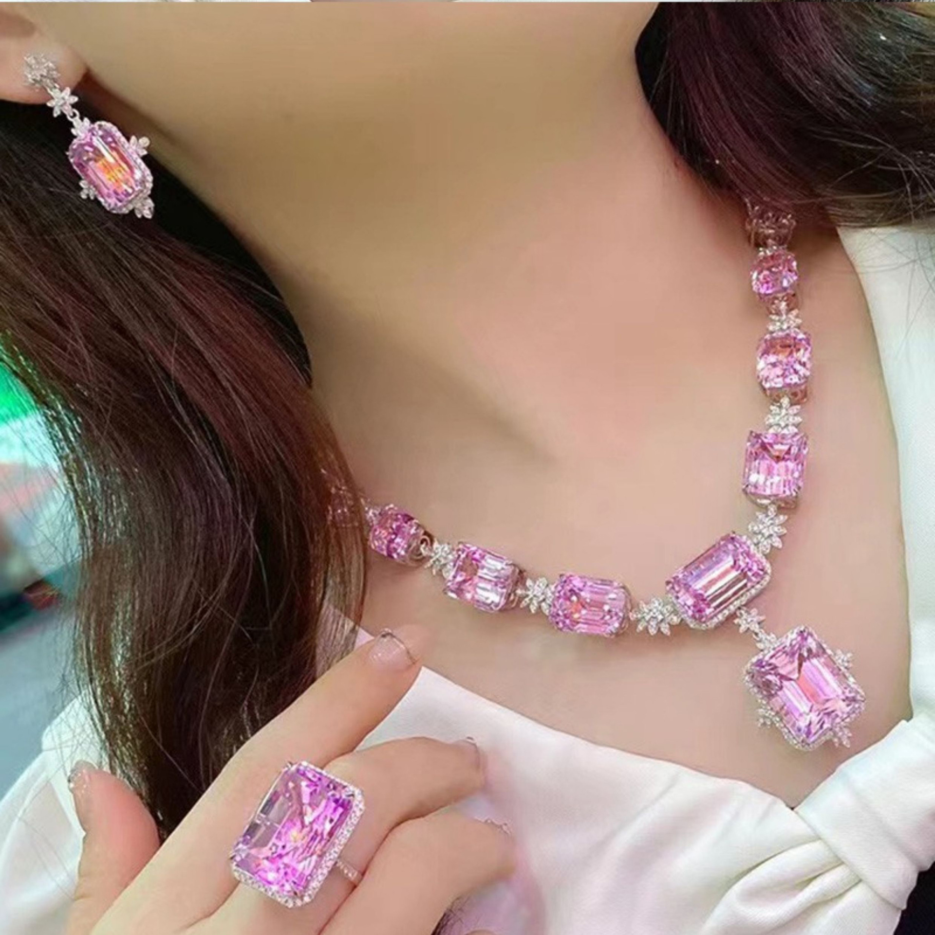 Necklace Party Open Ring Drop Earring Gift Choucong Brand Handmade Wedding Sets Jewelry Sterling Sier Princess Cut Pink Topaz Dia