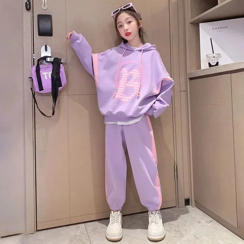 Clothing Sets Autumn Teenage Girl Clothes Set Children's Girls Hoodies Pullover Top and Side Stripe Pant 2 Pieces Suit Kid Letter Tracksuit 23121