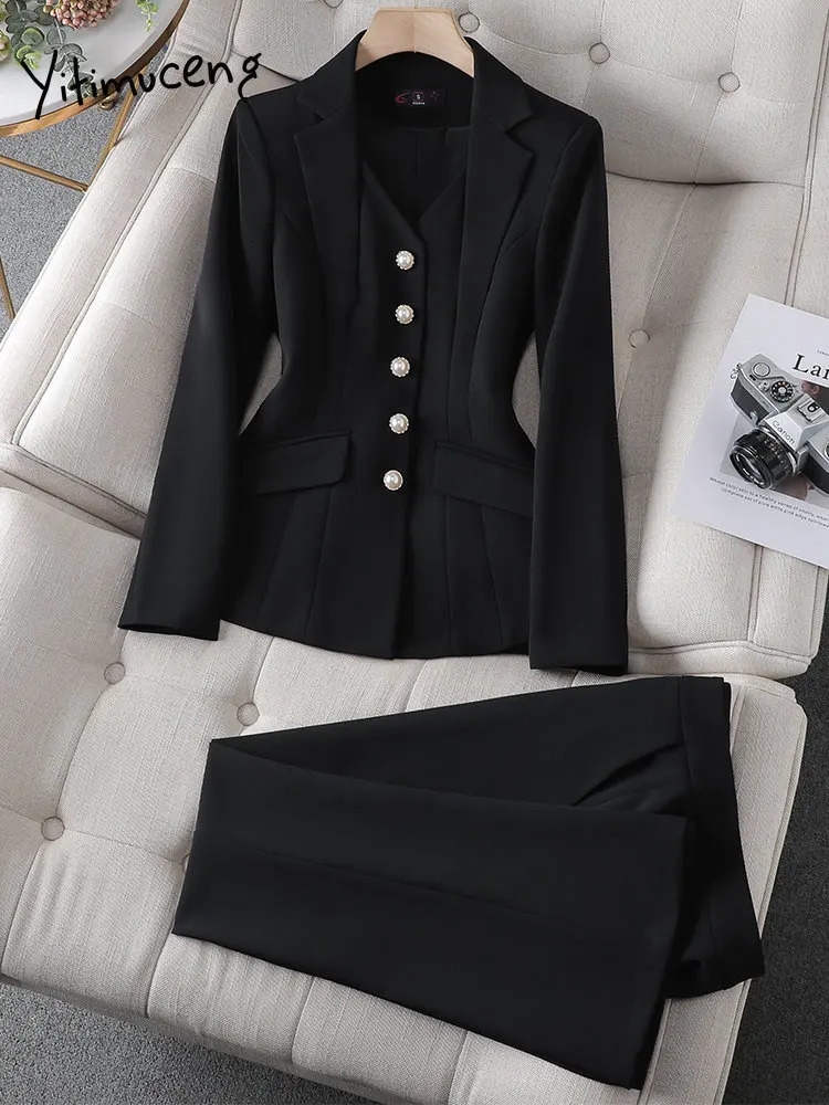 Yitimuceng Solid Suits for Women 2023 Fashion Office Ladies Single Breasted Long Sleeve Blazer Chic Slim Pants Set 231220