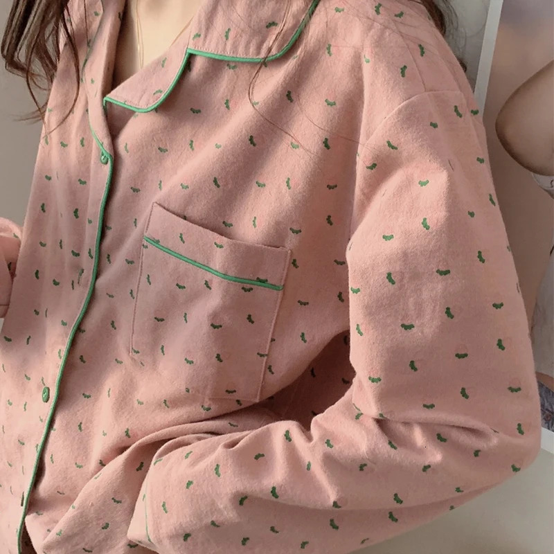 Women's Sleepwear Cotton Sleepwear Korean Pajamas Women Autumn Cute Heart Print Pyjamas Long Sleeve Pijama Female Set Negligee Cardigan Suit 2312