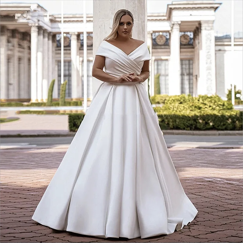 V Neck Off Shoulder A Line Wedding Dresses Simple White Satin Elegant Bridal Gowns Boho Garden Plus Size Vestidos De Novia Sweep Train Lace-up Back Br