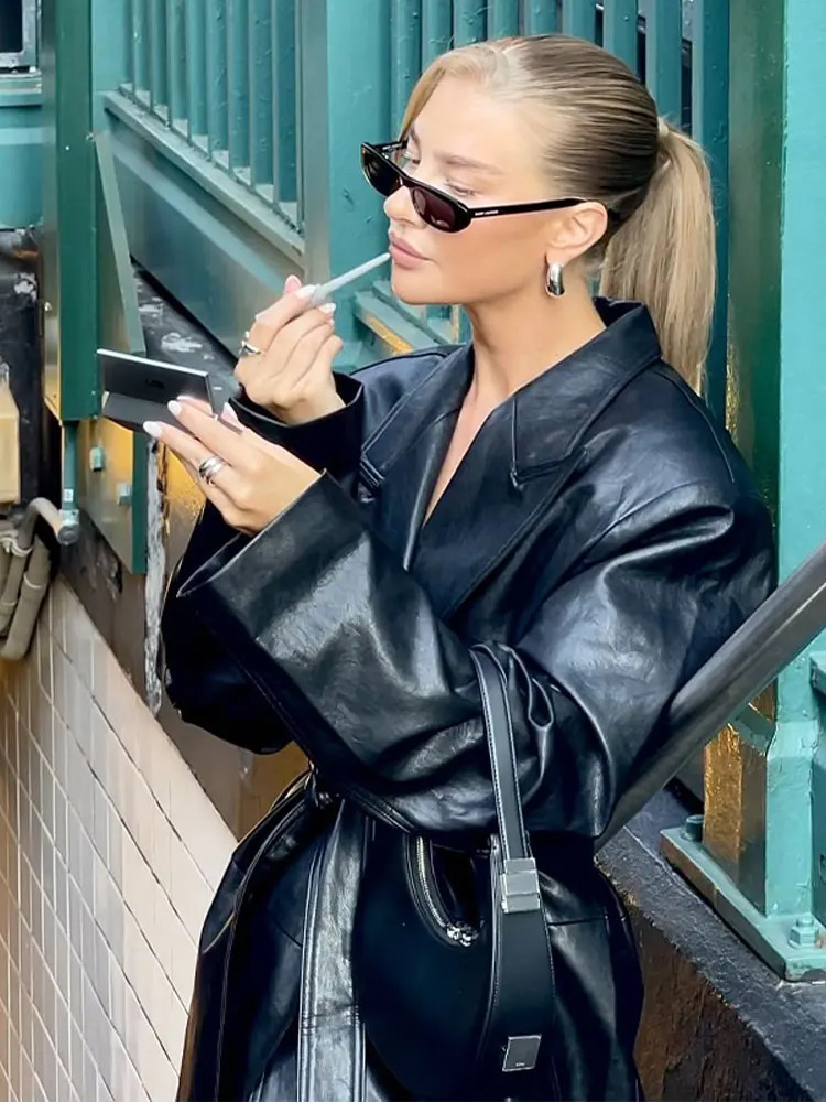 Women s Suits Blazer Fashion Lace Up Leather Long Jackets Autumn Winter Oversize Lapel Sleeve Street Coats 2023 Loose Lady PU Overcoats 231219