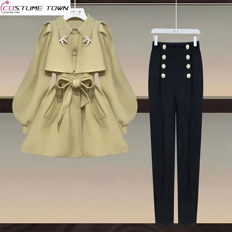 2023 Spring Belt Decoration Slim Fit Jacket Blazer Button Pencil Pants Two Piece Elegant Women's Set Office Outfits 231220