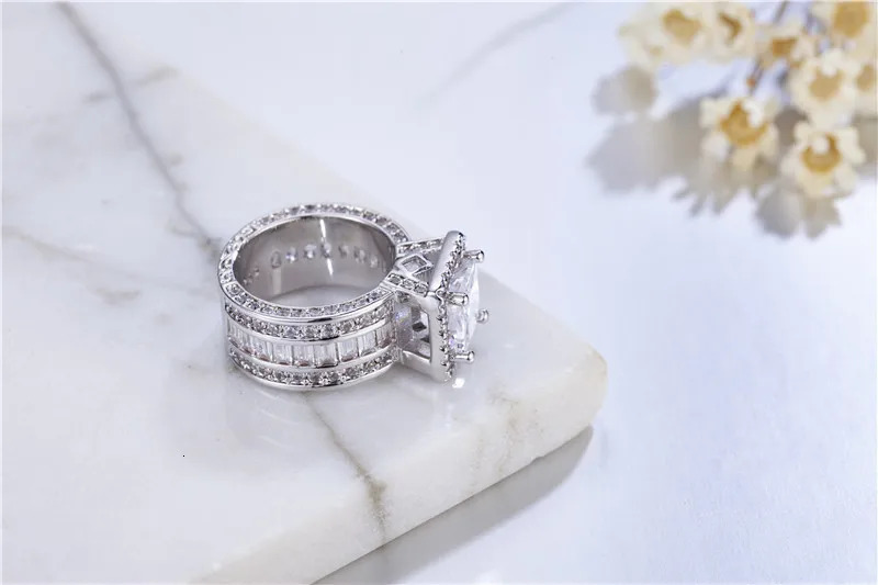 Wedding Rings Fashion 925 silver Womens 0.4" Wide Square Cluster Engagement 4ct Diamond Architecture Rings Simulated Platinum Bridal Jewelry 2312