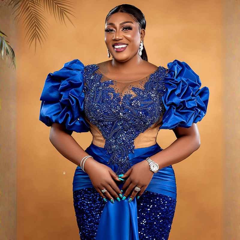 Plus Size Prom Dresses For Black Women Royal Blue Cap Sleeves Mermaid Illusion Sheer Neck Elegant Evening Dress Promdress African Birthday Party Gowns