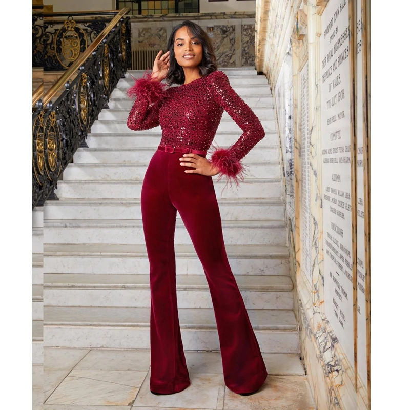 Basic Casual Dresses Elegant White Jumpsuit Women Slim Fit Straight Sequins Feather Stitching Long Sleeves Sexy Bodycon 231219