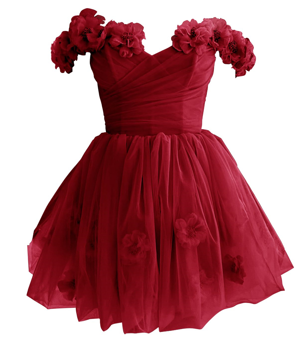 Off The Shoulder Tulle Short Homecoming Dresses Flowers A Line Cocktail Formal Occasion Cocktail Prom Party Graudation Gowns HD1028