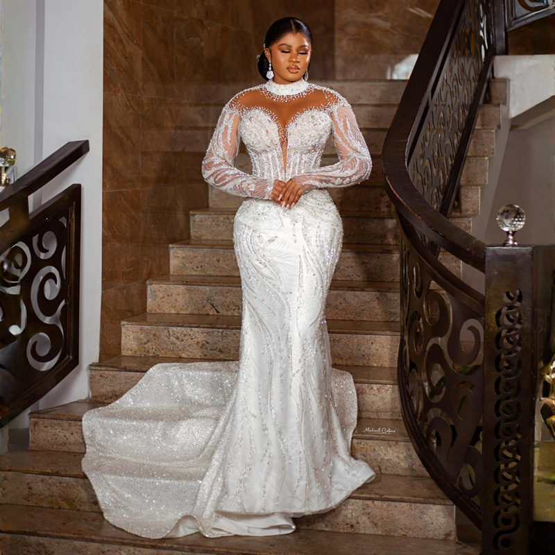 Luxurious Plus Size Aso Ebi Wedding Dresses Mermaid High Neck Long Sleeves Elegant Bridal Gowns for African Black Women Lace Dress for Brides Illusion