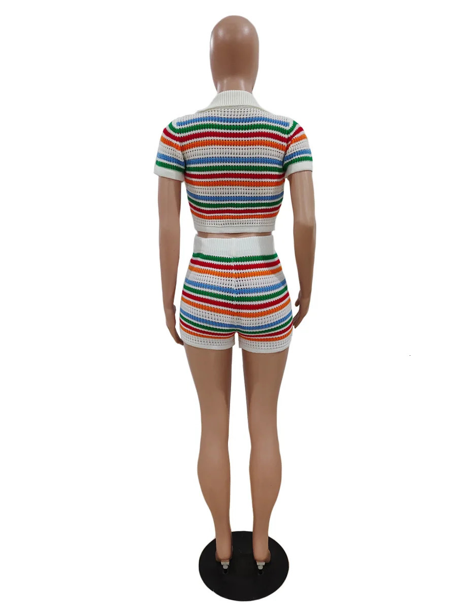 Women's Two Piece Pants Rainbow Stripe Knit Ribbed Women's Set Short Sleeve Button Shirt and Shorts Summer Two 2 Piece Set Outfit Tracksuit 