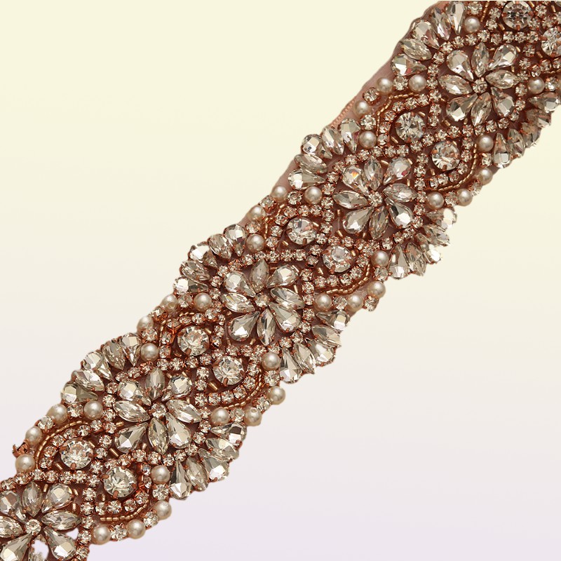 MissRDress Feminine Rose Gold Wedding Dress Belt Crystal Jeweled Ribbon Rhinestones Wedding Belt For Wedding Dresses YS832