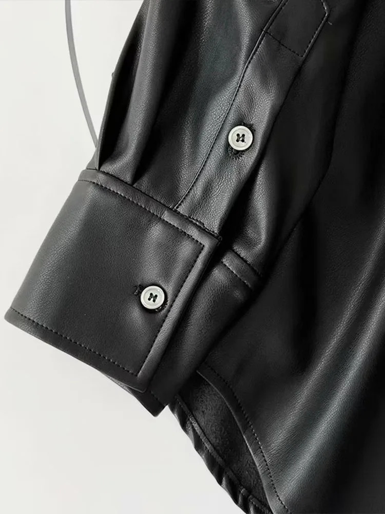 Women 2023 Autumn Fashion Casual Leather Shirt Jacket Retro Long Sleeve Chic Lar Button Stitching Top Outerwear Mujer 231220