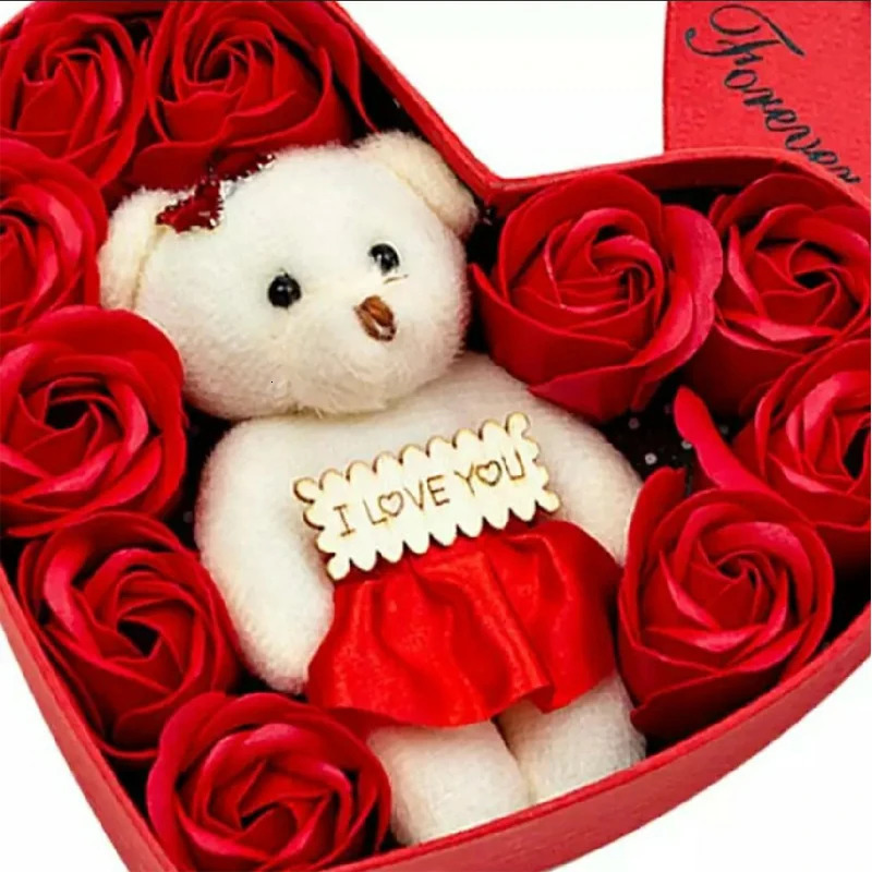 Jewelry Boxes Decoration Soap Artificial Rose Flower San Valentine Gift Teddy Bear Rose Artificielle Flower Valentines Day Box Heart Rose Bear 231219