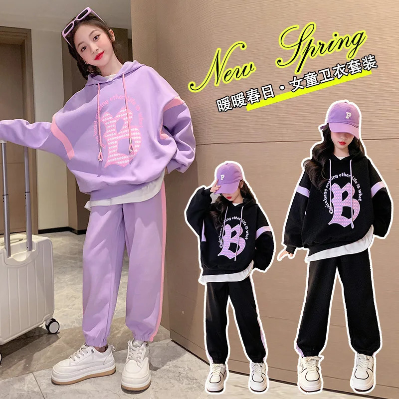 Clothing Sets Autumn Teenage Girl Clothes Set Children's Girls Hoodies Pullover Top and Side Stripe Pant 2 Pieces Suit Kid Letter Tracksuit 23121