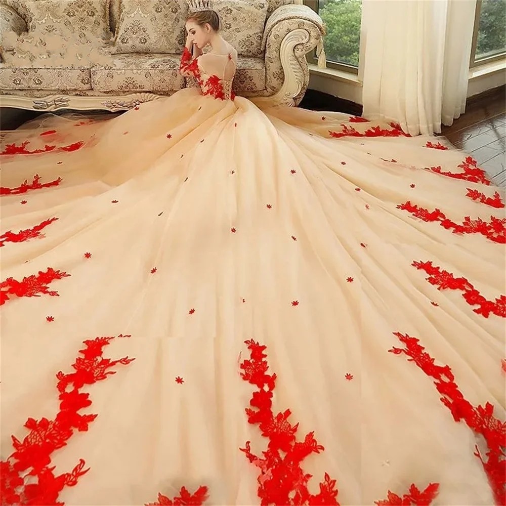 Champagne A-Line Wedding Dress Women 2024 Scoop Red Lace Appliuqes 3/4 Sleeve Tulle Bridal Bride Gown Vestido De Novia Customed