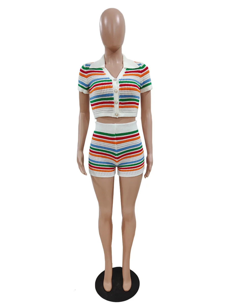 Women's Two Piece Pants Rainbow Stripe Knit Ribbed Women's Set Short Sleeve Button Shirt and Shorts Summer Two 2 Piece Set Outfit Tracksuit 