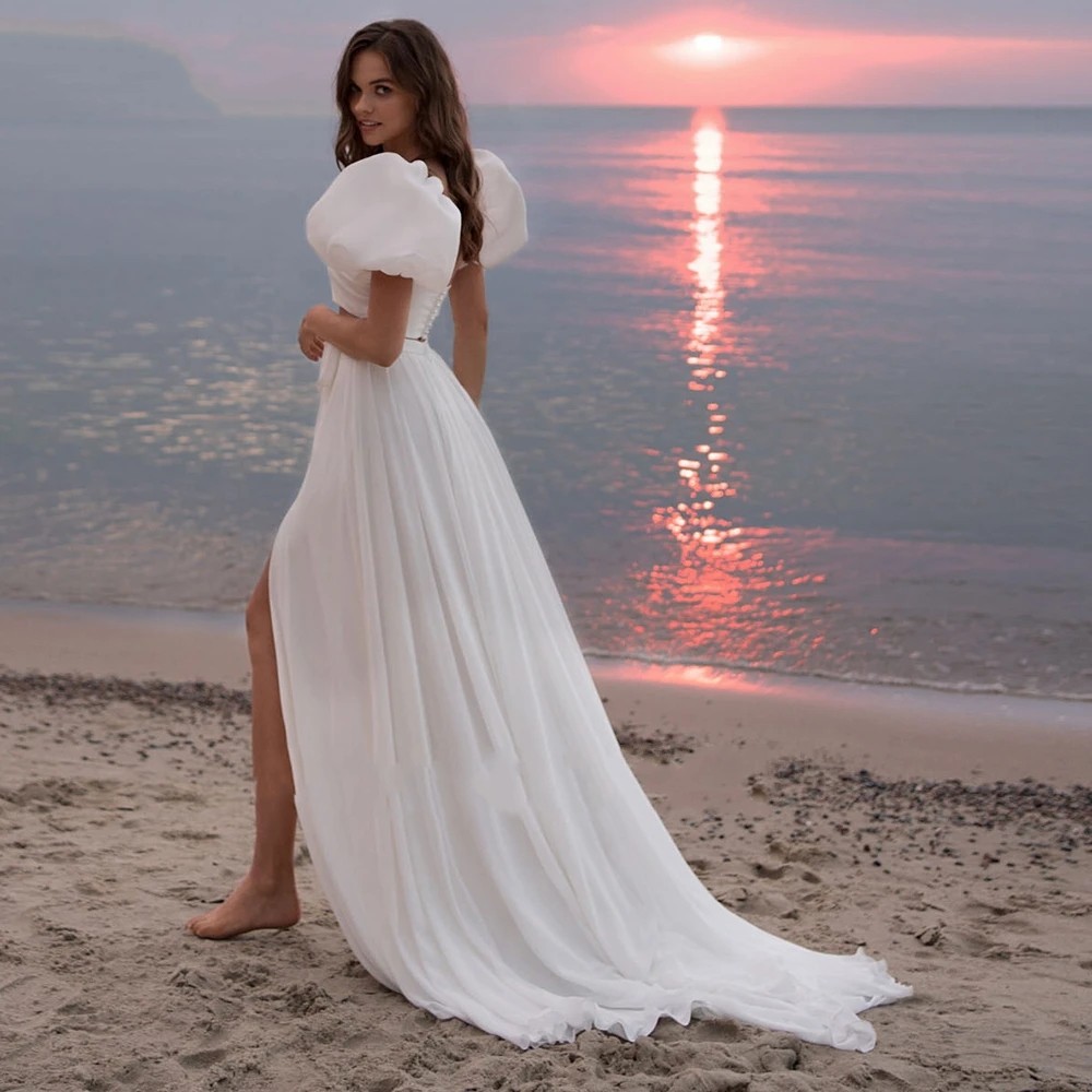 Two Pieces Simple Beach Wedding Dress For Women 2024 Lantern Sleeves Chiffon Bridal Summer Gown High Slit Vestido De Novia