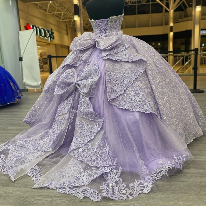 Lavande Quinceanera Prom Off the Shoulder Sweet 15 Sequin Graduation Applique Lace Beads Bow Party Princess Dress