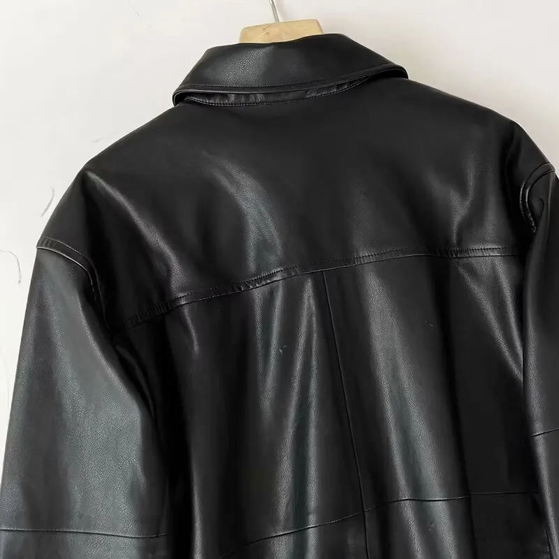 Women 2023 Autumn Fashion Casual Leather Shirt Jacket Retro Long Sleeve Chic Lar Button Stitching Top Outerwear Mujer 231220