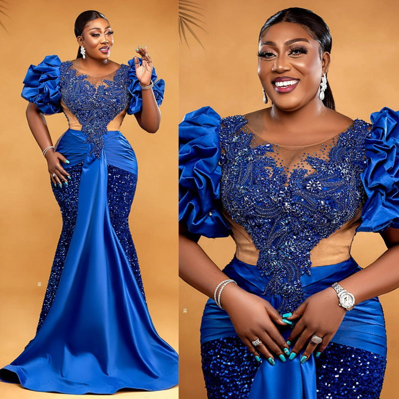 Plus Size Prom Dresses For Black Women Royal Blue Cap Sleeves Mermaid Illusion Sheer Neck Elegant Evening Dress Promdress African Birthday Party Gowns