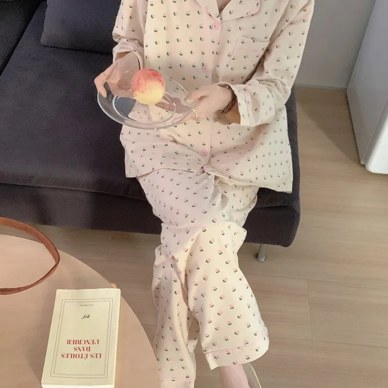 Women's Sleepwear Cotton Sleepwear Korean Pajamas Women Autumn Cute Heart Print Pyjamas Long Sleeve Pijama Female Set Negligee Cardigan Suit 2312
