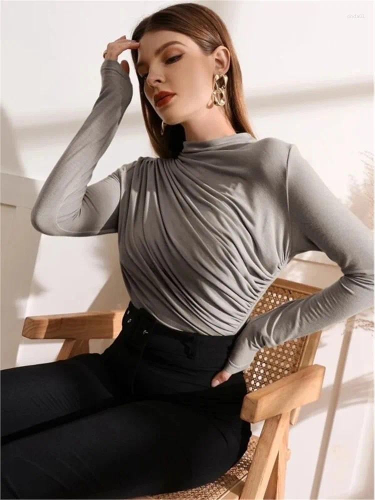 Womens T Shirts Fall Solid Long Sleeve Women T-shirt Casual Fashion Slim Folds Sheath Top Shirt Ladies Tees Elegant AAA Discount for in-store purchase