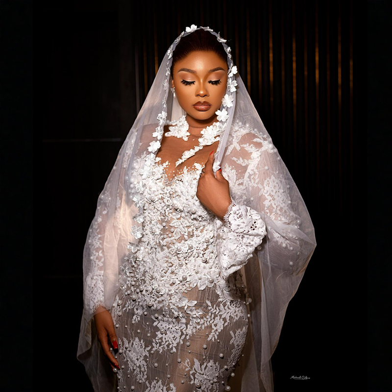 Plus Size Aso Ebi Wedding Dresses Mermaid Sheer Neck Long Sleeves Elegant Bridal Gowns African Black Women Lace Pearls Dress for Brides Illusion Gown 