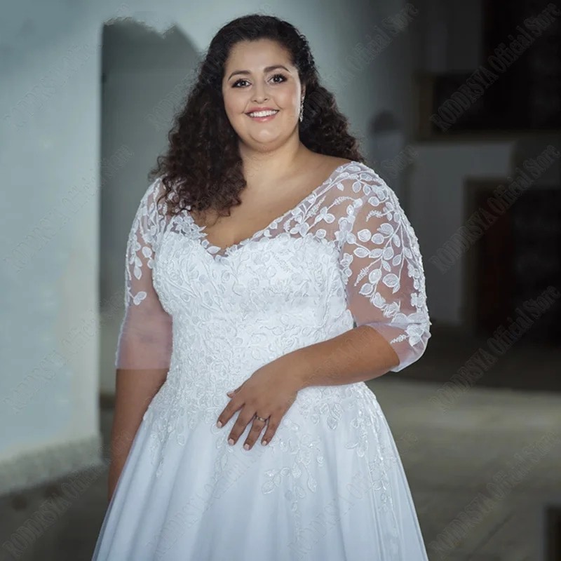 Plus Size A-Line Wedding Dress Women 2024 V-Neck 3/4 Sleeves Lace Appliques Tulle Bridal Bride Gown Boho Vestido De Novia