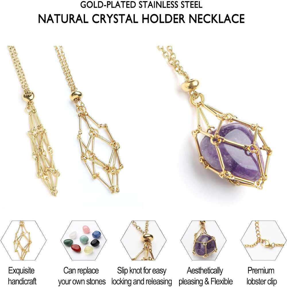 Interchangeable Natural Crystal Holder Necklace Crystal Cage Stone Pendant Aesthetic Gemstone Wolf Tide Jewelry For Men Women DIY Adjustable Weaving M