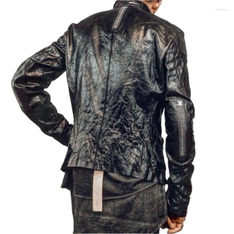 Men's Jackets Dark Avant-Garde Style Clothes Punk Goth Handmade Pleated Leather Cowhide Jacket For Men And Women Coat