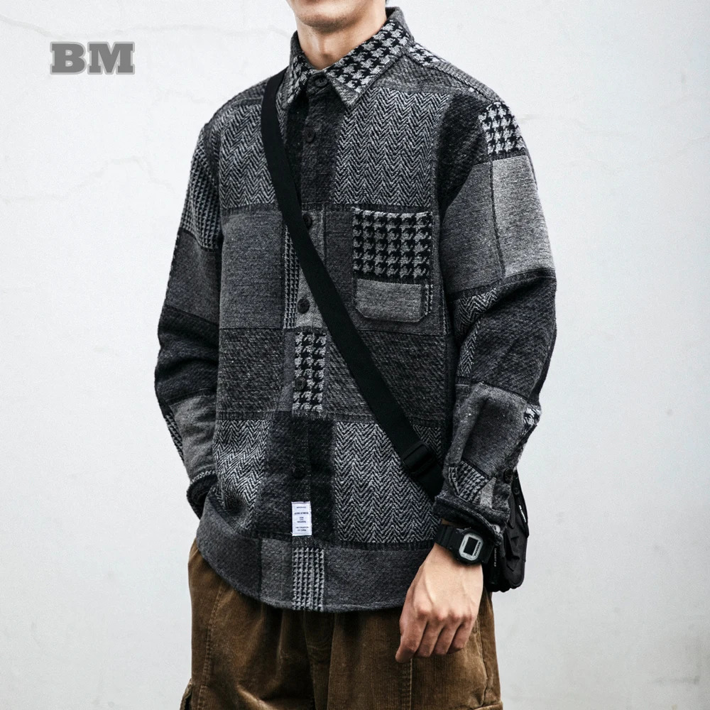 Autumn Winter Japanese Streetwear Retro Stitching Plaid Shirt Fashion Harajuku Thick Casual Woolen Coat Men Kpop Korean Clothes 231221
