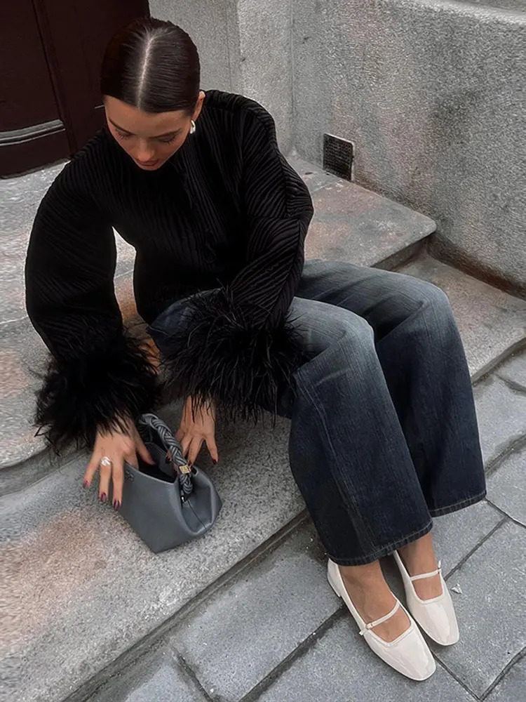 Fashion Patchwork Solid Folds Coat For Women Elegant Plush Sleeve O Neck Jacket 2023 Autumn Winter Female Office Outerwear 231220