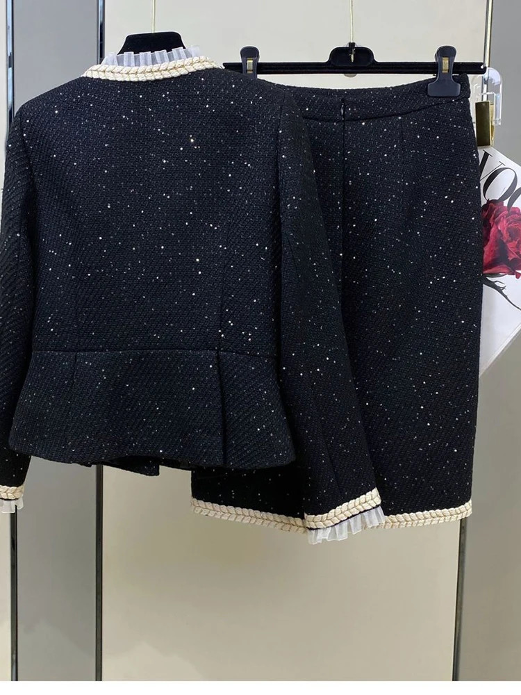 Two Piece Dress 2024 Vintage Small Fragrance Tweed Two Piece Set Women Crop Top Woolen Short Jacket Coat Mini Skirts Sets Sweet 2 Piece Suit 231218