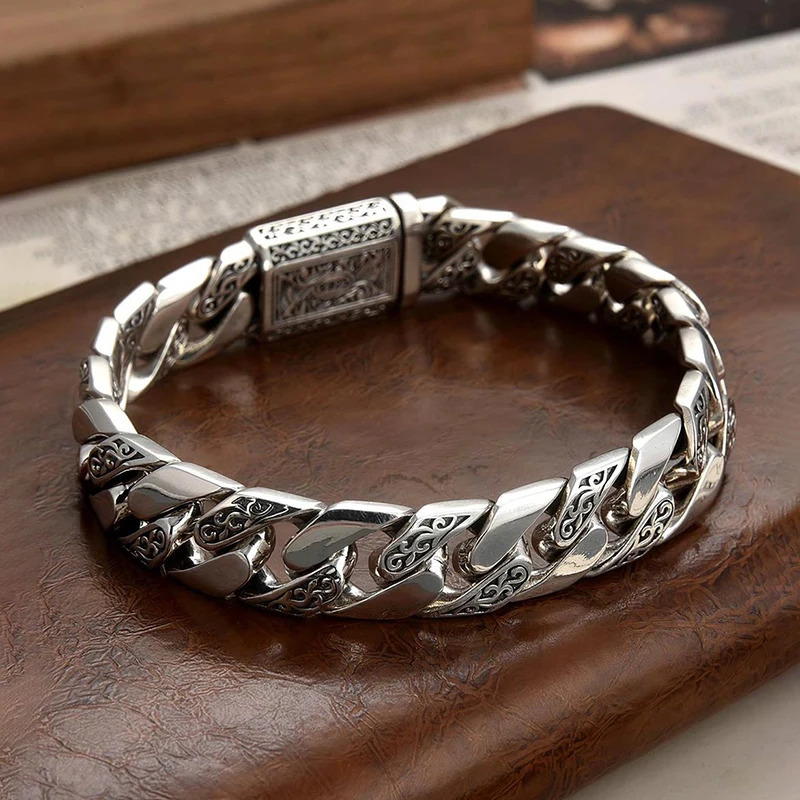 Retro Domineering S925 Silver Bracelet Men Tang Grass Pattern Exquisite Chain Male Party Birthday Hegemony Fashion Jewelry Gift 231221
