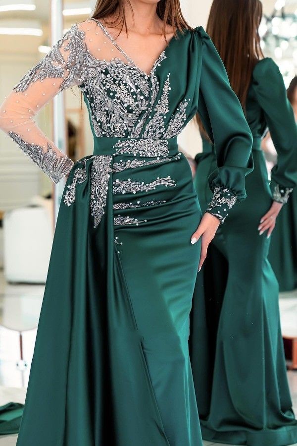 Beautiful Dark Green Mermaid Evening Vintage Sheer Sleeve Pleats Ruffles Satin Long Formal Party Prom Dresses With Appliques Beads B0313