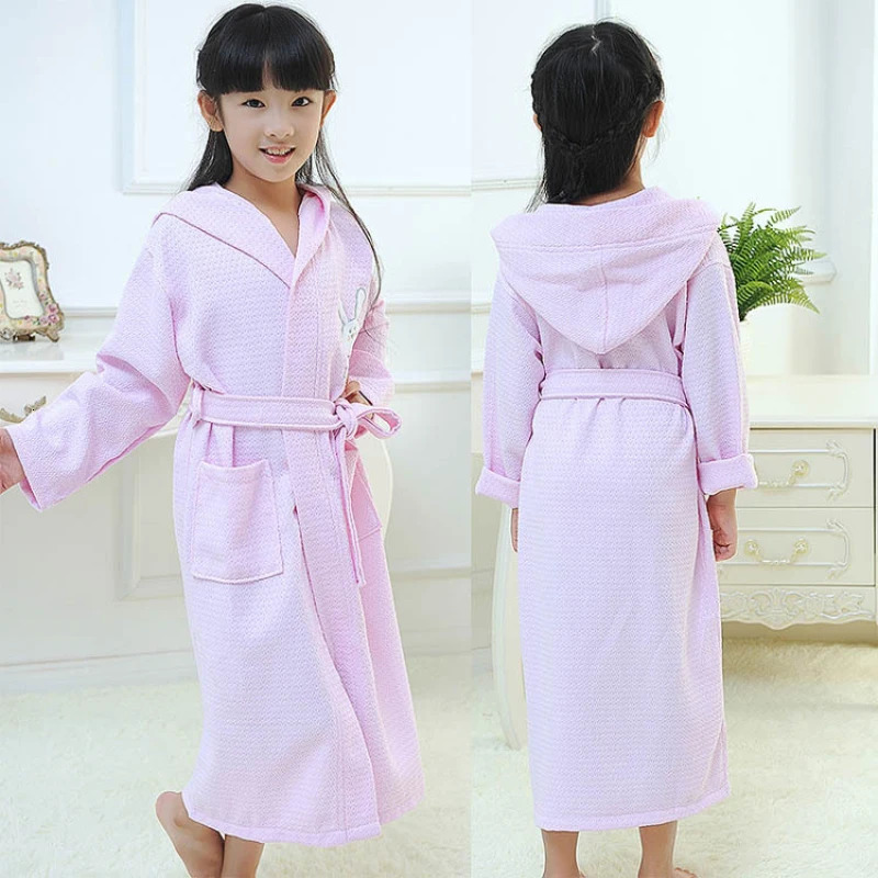Wholesale Blue Pink White Long Sleeve Waffle Bath Robe Sleepwear Kids Children Hooded Bathrobe Summer Children Bathrobe L287 231221