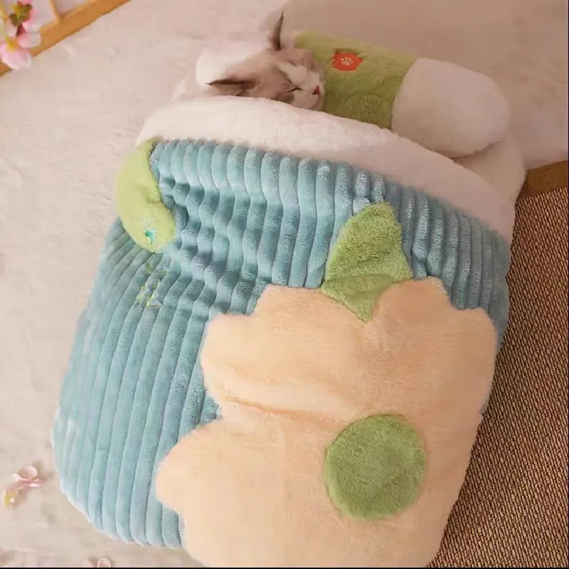 Japanese Sakura Warm Bed Cat Sleeping Bag Deep Sleep Winter Dog House Cats Nest Cushion With Pillow Removable Pet Products 231221