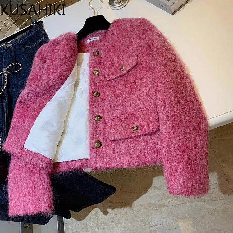 KUSAHIKI Elegant Fashion Coat 2023 Winter Down Jackets Korean O neck Single Breasted Short Cardigan Outwear Top 231220