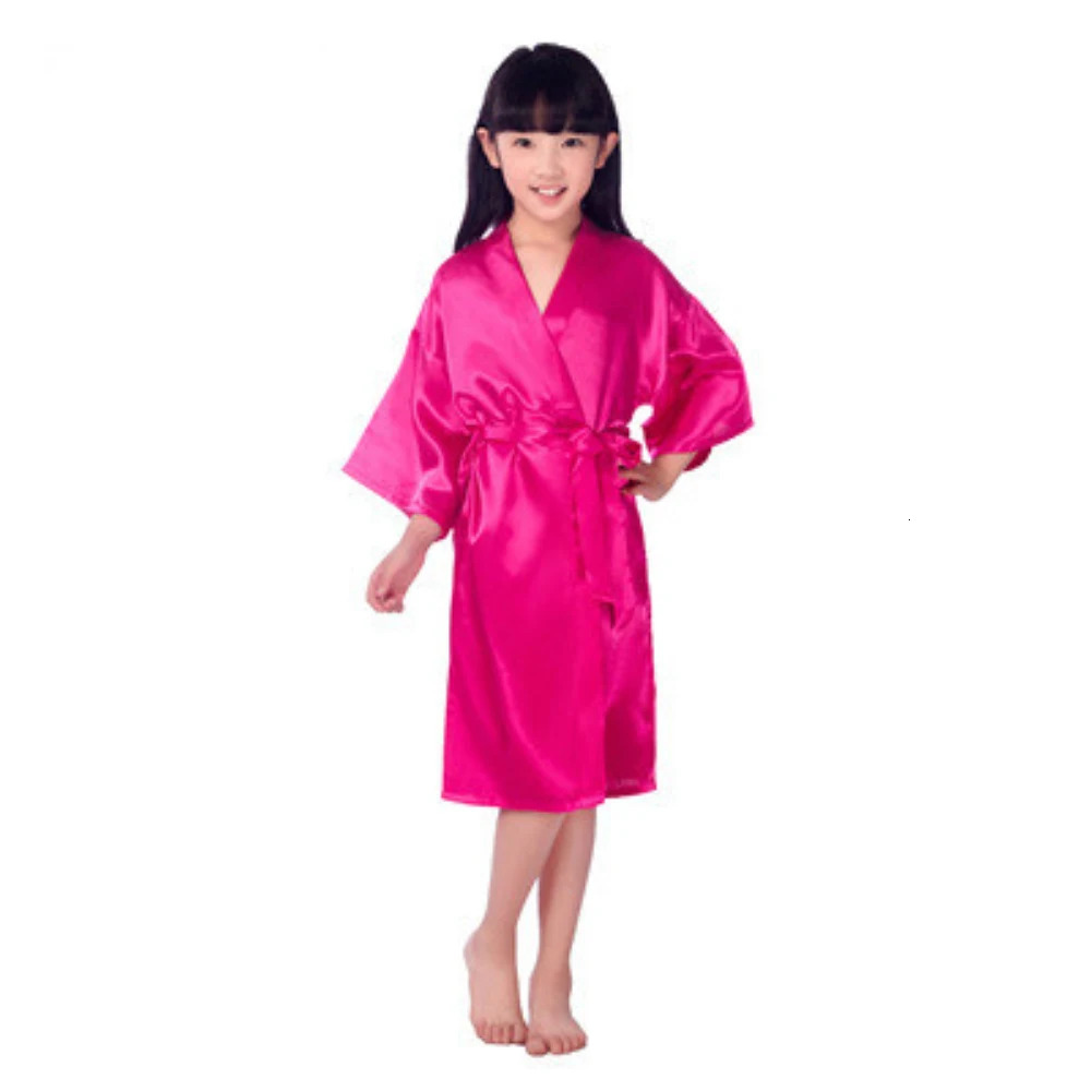 Wholesale Solid Girls Satin Silk Robes Bath Kimono For Spa Wedding Party Birthday Children Bathrobes Pink Kids Nightdress W3 231221