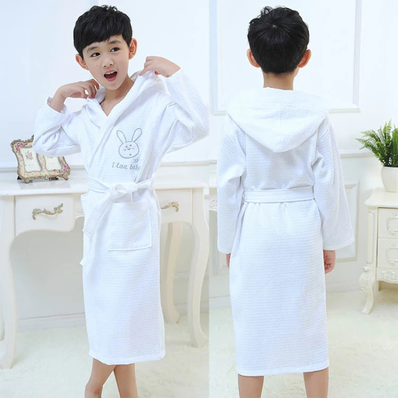 Wholesale Blue Pink White Long Sleeve Waffle Bath Robe Sleepwear Kids Children Hooded Bathrobe Summer Children Bathrobe L287 231221
